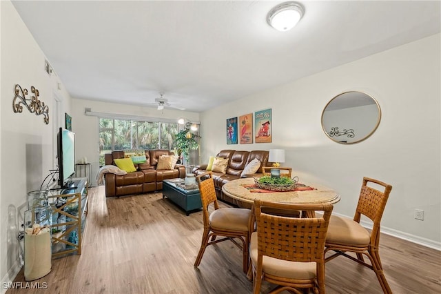 dining room featuring ceiling fan, wood finished floors, visible vents, and baseboards