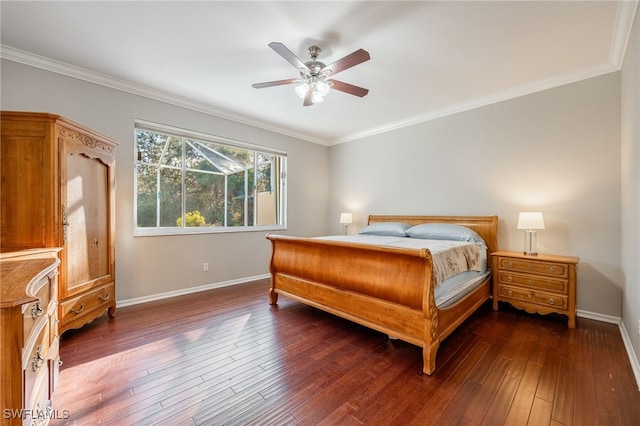 bedroom with ceiling fan, ornamental molding, and dark hardwood / wood-style flooring