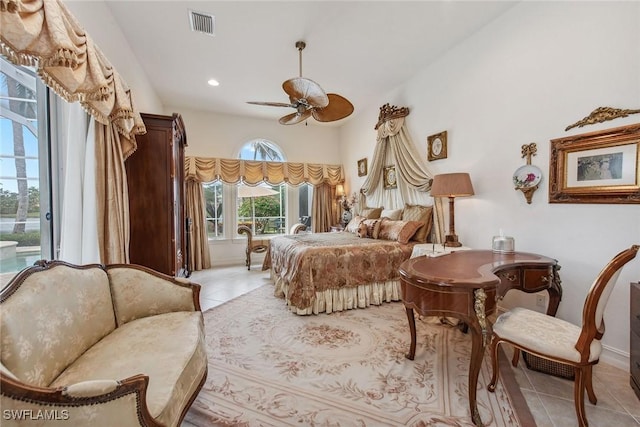 8469 Mallards Way, Naples, FL 34114 - bedroom with light tile patterned floors, recessed lighting, baseboards, access to exterior, and ceiling fan