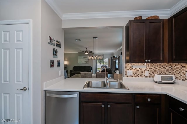 kitchen featuring sink, dishwasher, dark brown cabinets, ornamental molding, and decorative backsplash