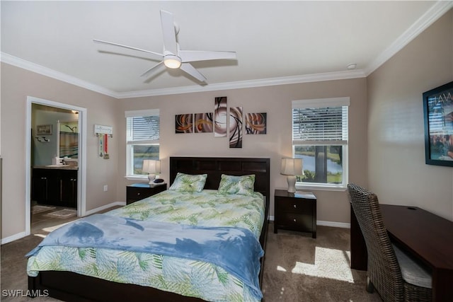 bedroom with ornamental molding, carpet, ceiling fan, and ensuite bath