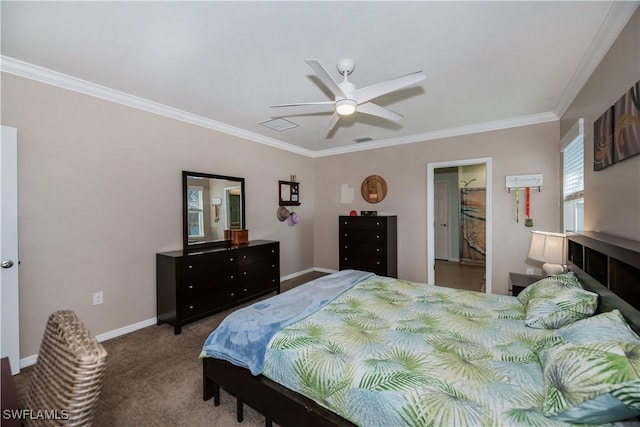 carpeted bedroom with ornamental molding and ceiling fan