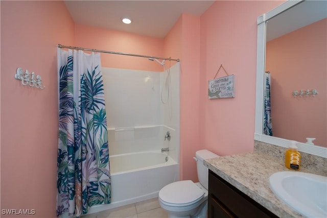 full bathroom featuring vanity, tile patterned flooring, shower / bath combination with curtain, and toilet