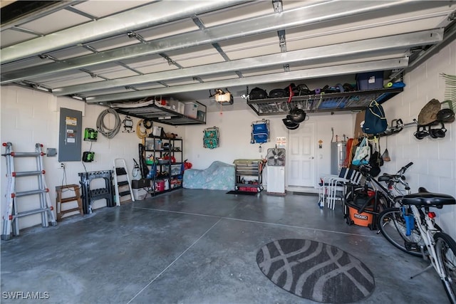 garage featuring a garage door opener, gas water heater, and electric panel