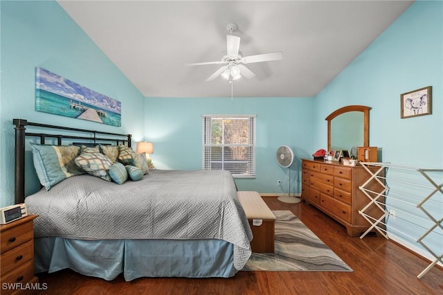 bedroom featuring ceiling fan, baseboards, vaulted ceiling, and wood finished floors