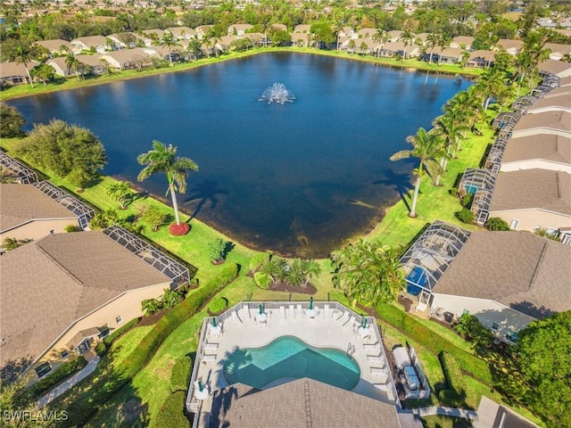 aerial view with a water view and a residential view