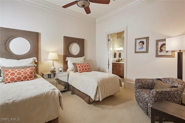 carpeted bedroom featuring ornamental molding, connected bathroom, and ceiling fan