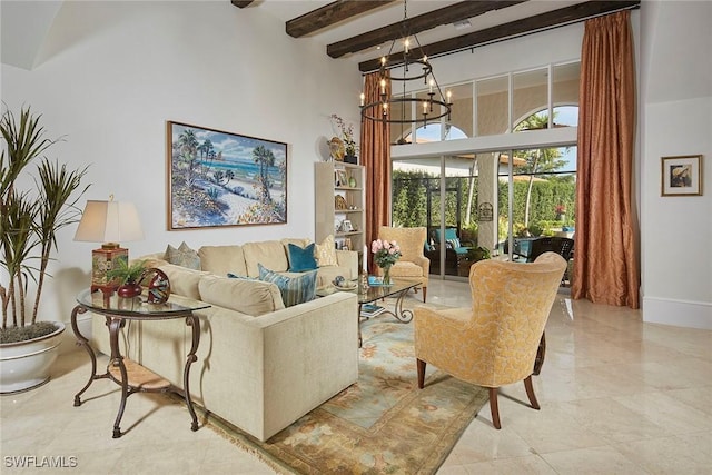 living room featuring beamed ceiling, a towering ceiling, and a chandelier