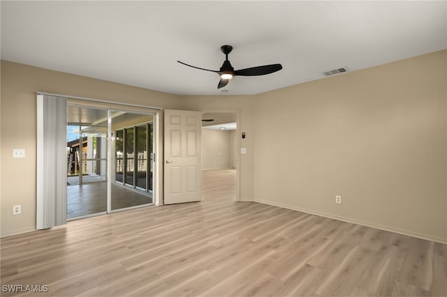 unfurnished room with light hardwood / wood-style flooring and ceiling fan