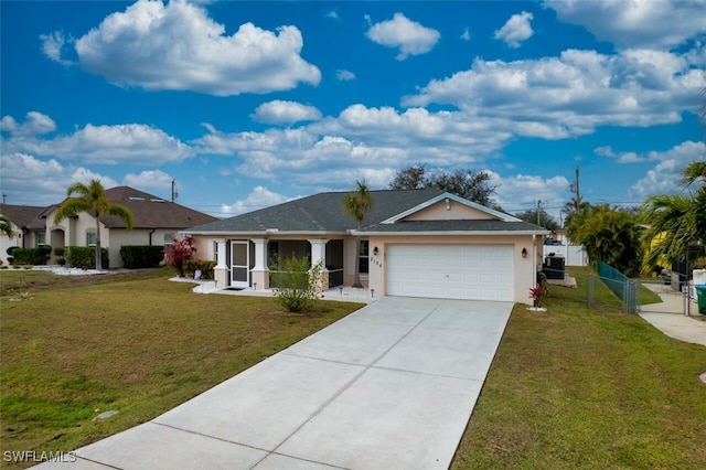 ranch-style home with a garage and a front yard