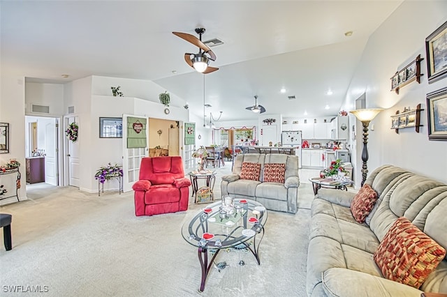 carpeted living room with lofted ceiling and ceiling fan