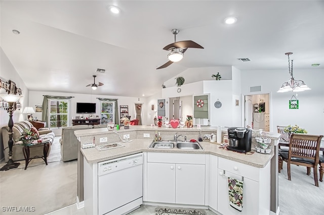 kitchen featuring a kitchen island with sink, dishwasher, sink, and white cabinets