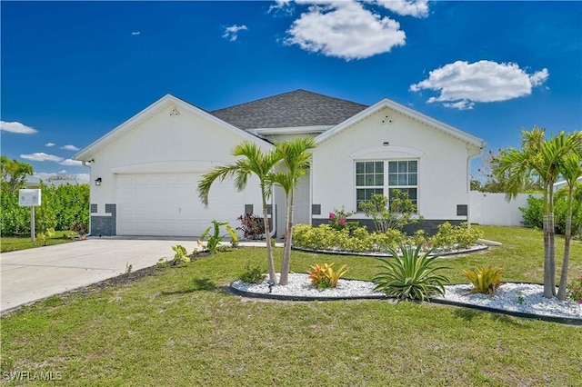 ranch-style house featuring a front lawn, concrete driveway, an attached garage, and stucco siding