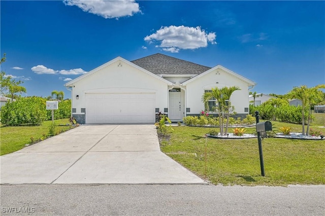 single story home featuring a garage, a shingled roof, driveway, stucco siding, and a front lawn