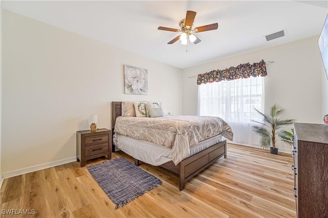 bedroom featuring ceiling fan and light hardwood / wood-style floors