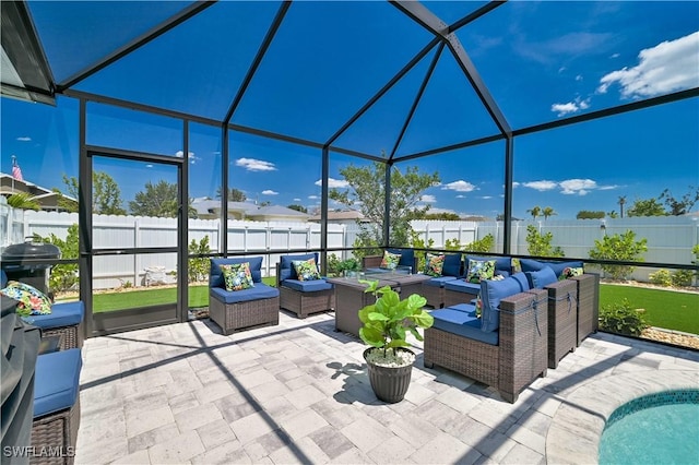 view of patio featuring a pool, a lanai, and outdoor lounge area