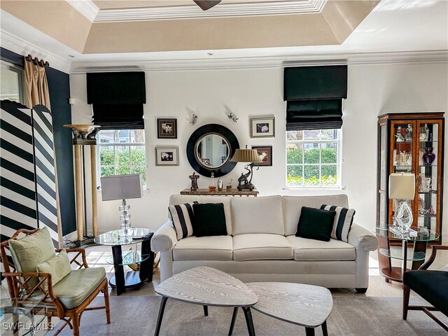 living room featuring a tray ceiling, a wealth of natural light, and ornamental molding