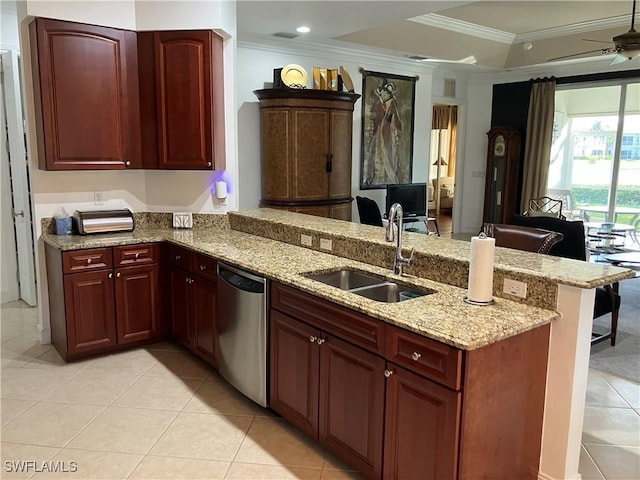 kitchen featuring sink, dishwasher, light stone counters, ornamental molding, and kitchen peninsula