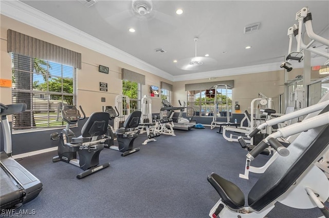 workout area featuring ornamental molding and ceiling fan