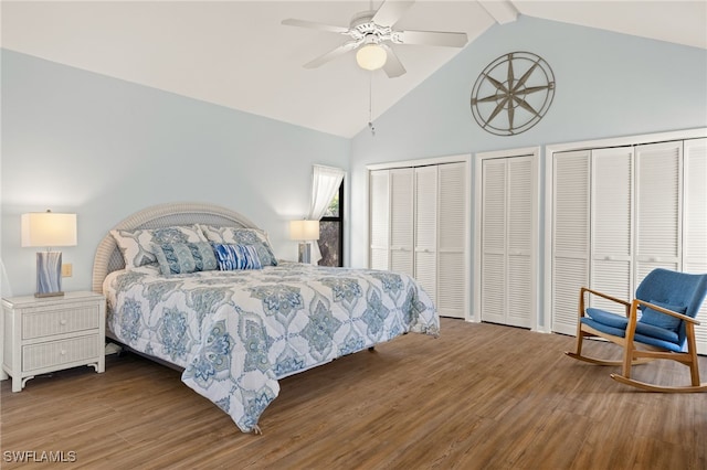 bedroom with hardwood / wood-style floors, high vaulted ceiling, multiple closets, and ceiling fan