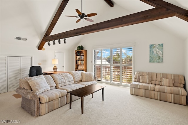 carpeted living room featuring ceiling fan, beam ceiling, and high vaulted ceiling