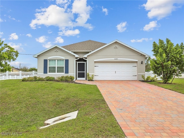 single story home with a garage and a front lawn