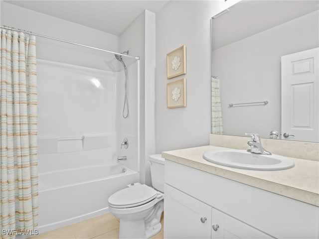 full bathroom featuring shower / bathtub combination with curtain, vanity, toilet, and tile patterned flooring