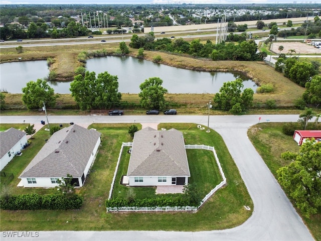 bird's eye view with a water view