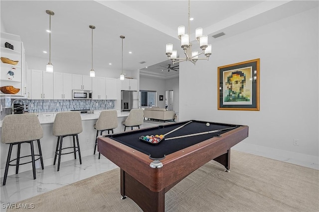 game room featuring marble finish floor, baseboards, visible vents, and recessed lighting