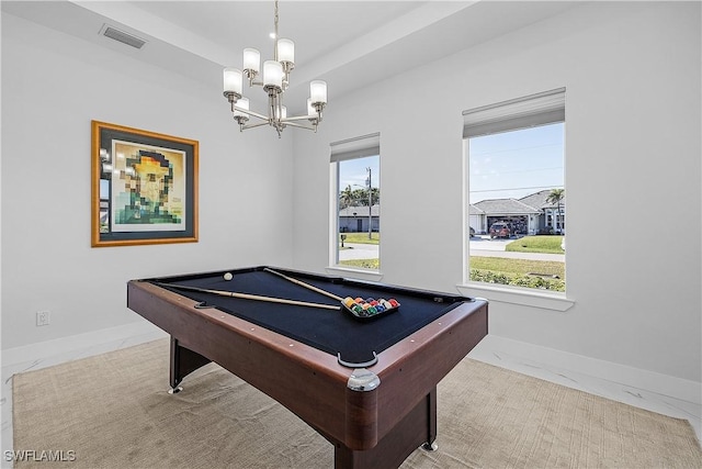 game room featuring a chandelier, pool table, visible vents, baseboards, and marble finish floor