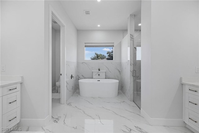 full bath with visible vents, marble finish floor, toilet, and vanity