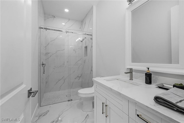 full bath featuring a marble finish shower, toilet, marble finish floor, vanity, and recessed lighting