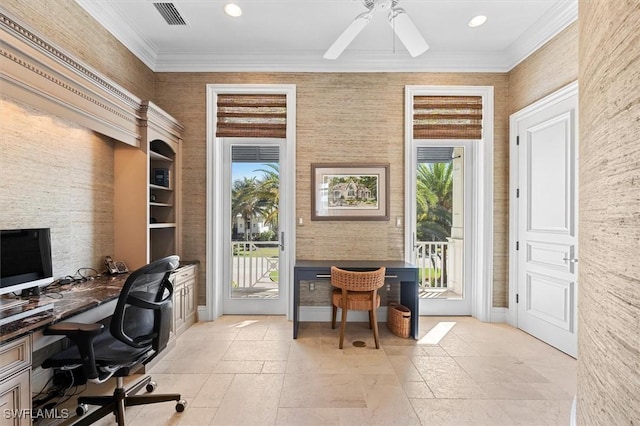 home office featuring ornamental molding and ceiling fan