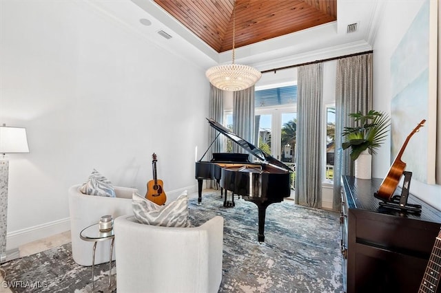 sitting room featuring a raised ceiling, ornamental molding, and wood ceiling