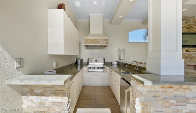 kitchen with sink, stainless steel dishwasher, white cabinets, and kitchen peninsula