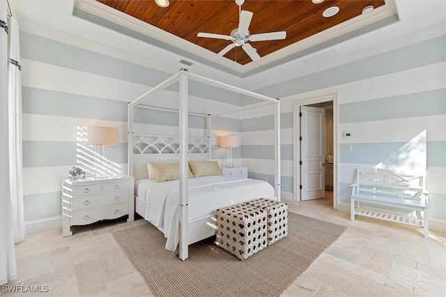 bedroom featuring wood ceiling, a tray ceiling, ornamental molding, and ceiling fan