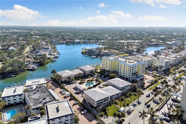 drone / aerial view with a water view