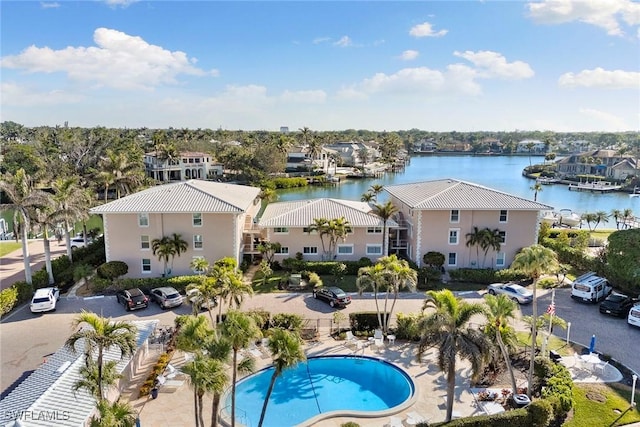 aerial view featuring a water view