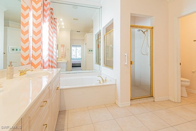 full bathroom featuring crown molding, tile patterned floors, independent shower and bath, and vanity