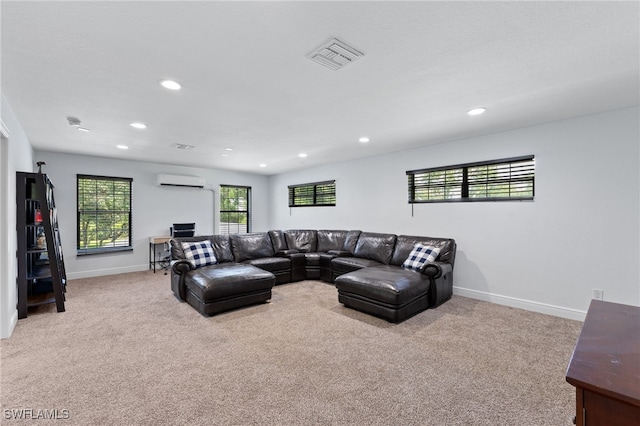 carpeted living room with a wall unit AC