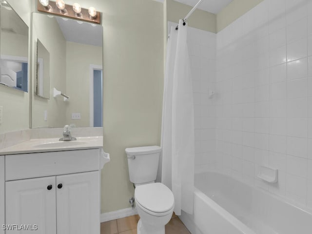 full bathroom featuring vanity, tile patterned flooring, toilet, and shower / bathtub combination with curtain