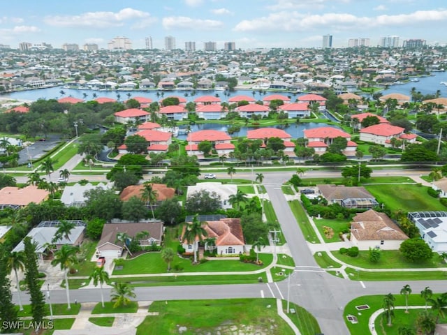 aerial view featuring a water view