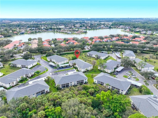 aerial view featuring a water view