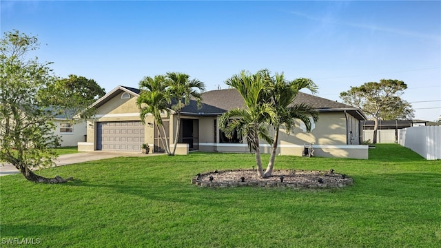 single story home with a garage and a front yard