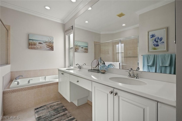 bathroom with tile patterned flooring, ornamental molding, independent shower and bath, and vanity