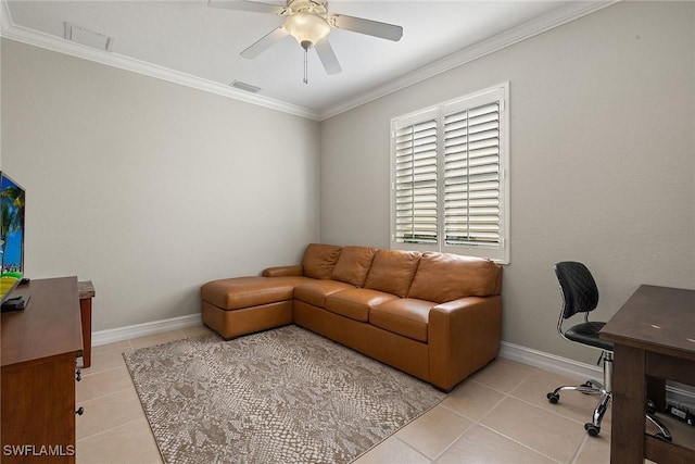 tiled office space featuring ornamental molding and ceiling fan