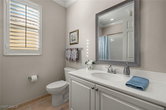 bathroom with crown molding, tile patterned flooring, vanity, a shower with curtain, and toilet