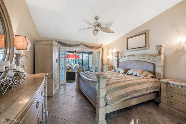 tiled bedroom featuring ceiling fan and lofted ceiling