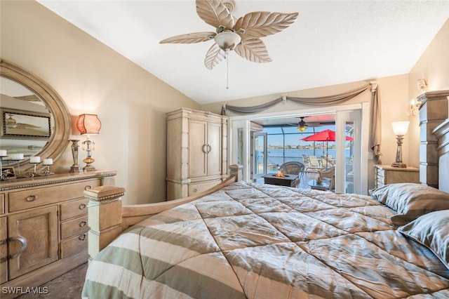 bedroom with vaulted ceiling, access to outside, and ceiling fan