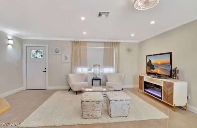 116 Capri Blvd, Naples, FL 34113 - living area featuring visible vents, baseboards, ornamental molding, light carpet, and recessed lighting